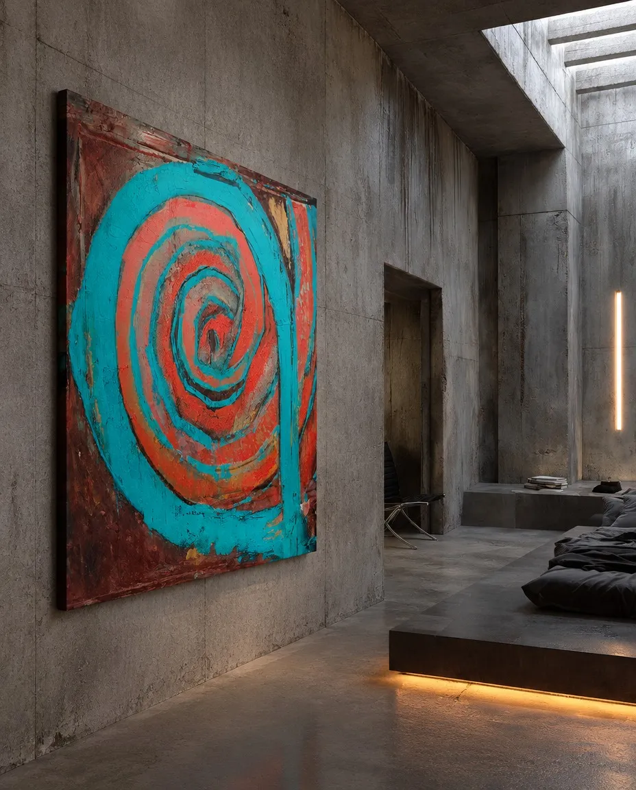 Cuadro monumental HAUSTUS de Maurizio Valch colgado en una pared gris de hormigón visto en una sala de estilo brutalista y minimalista con luz cenital.