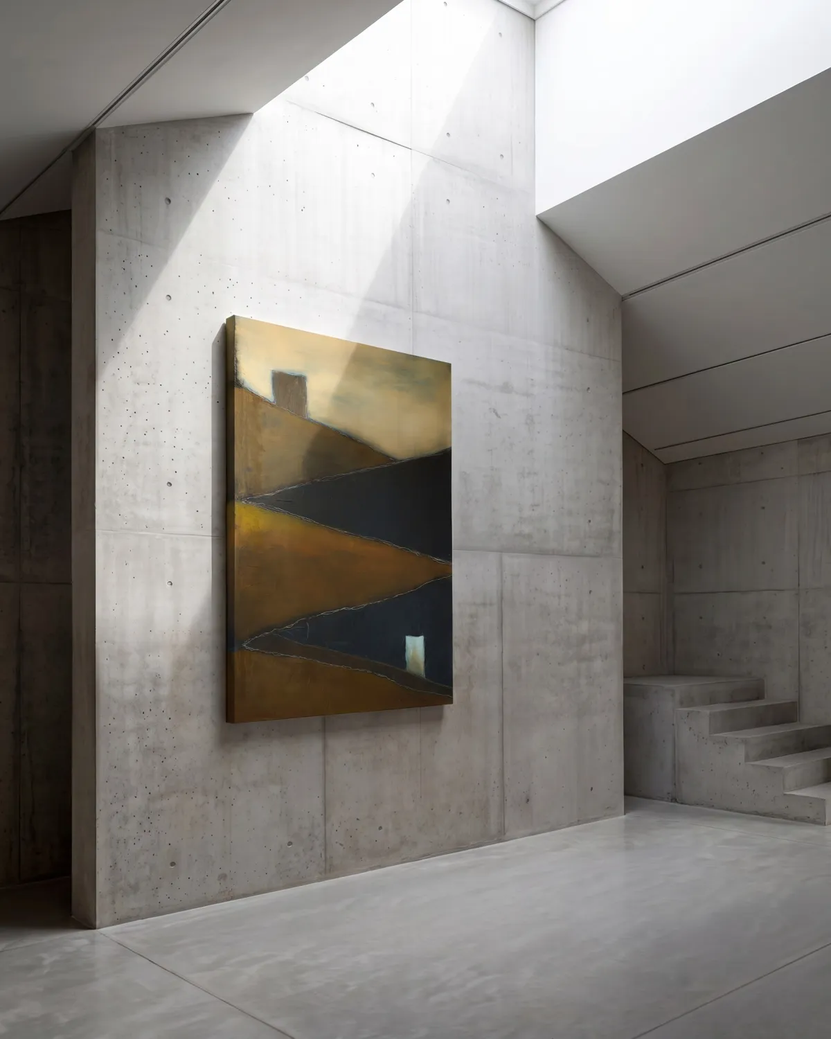 Painting TENSUM by Maurizio Valch hung on a light gray exposed concrete wall with overhead sunlight and a stone staircase in the background.