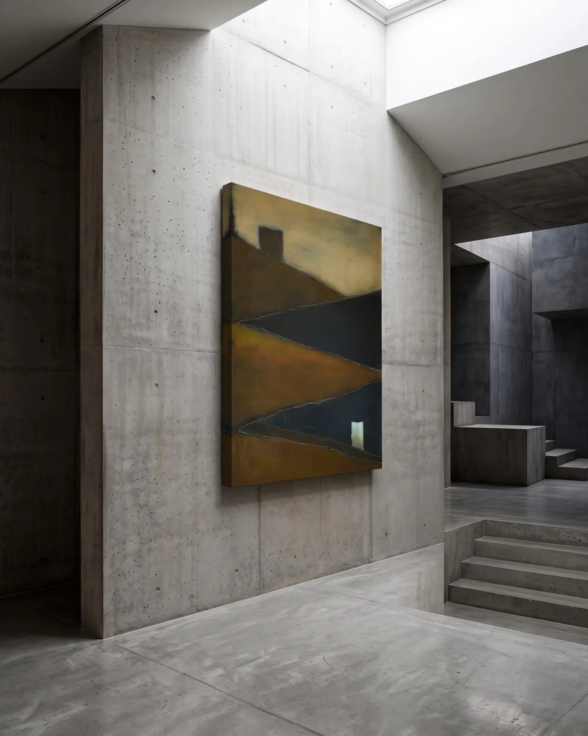 Lienzo TENSUM de Maurizio Valch colgado en una pared de hormigón visto texturizado en un espacio de diseño brutalista con luz natural cenital.