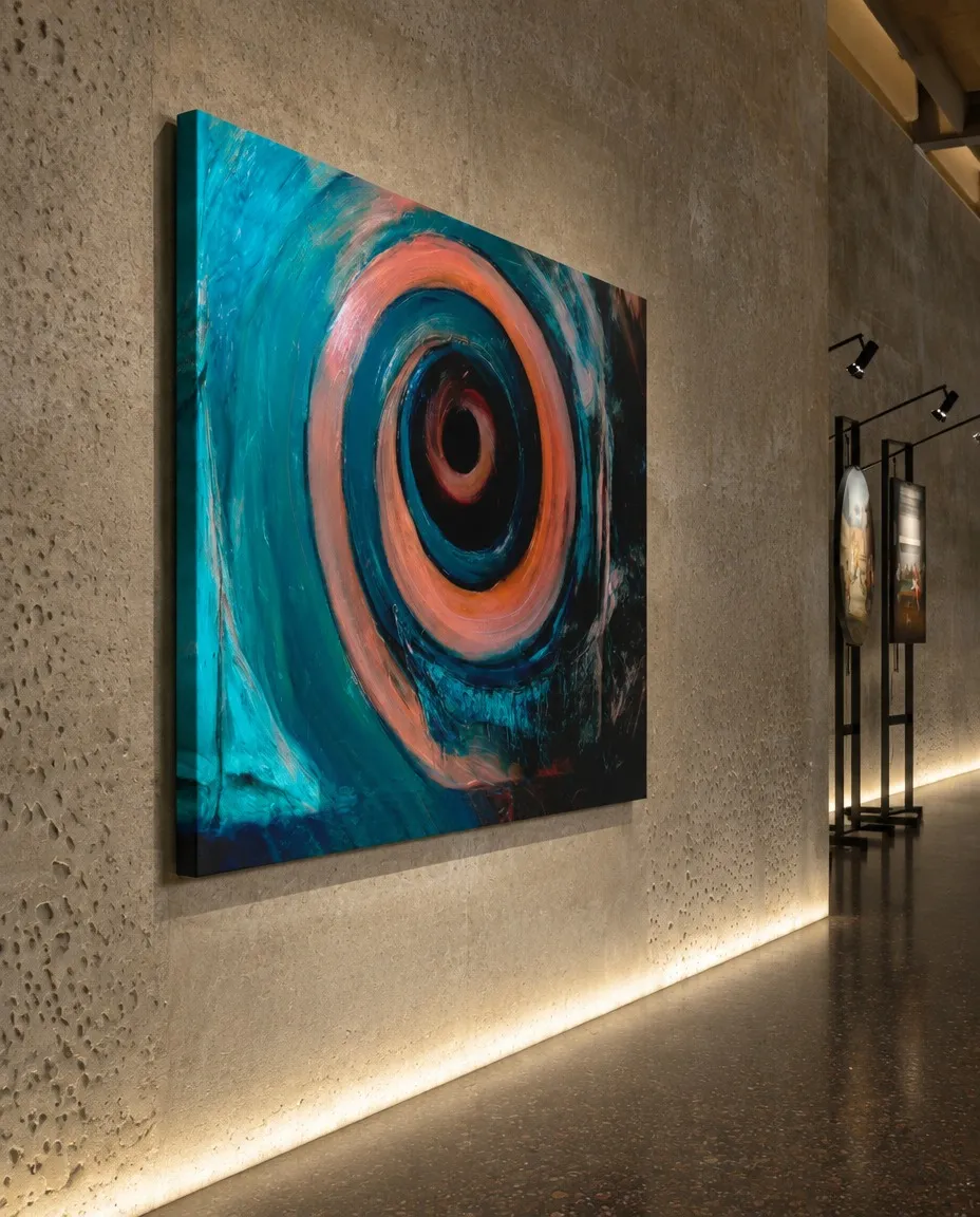 Side detail of the painting HELIX installed on a textured concrete wall with warm lighting from the floor.