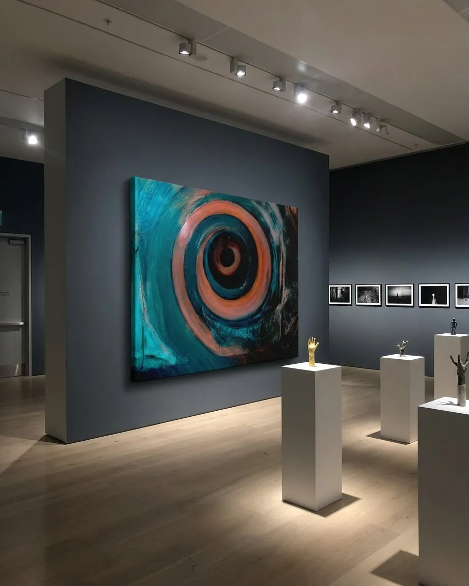 Pintura abstracta de gran formato titulada HELIX de Maurizio Valch, que muestra una gran espiral de textura rugosa en tonos turquesas y cobrizos alrededor de un centro negro circular.