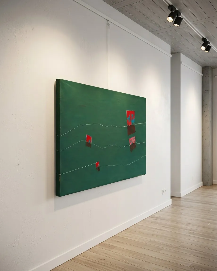The abstract painting NEXUS hanging with steel cables, floating in front of a smooth white wall in a gallery.