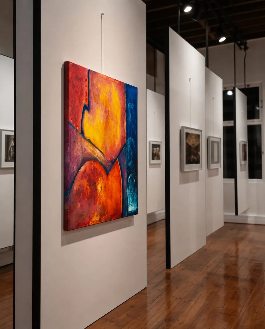 The abstract painting VERSUM by Maurizio Valch hanging on the white wall of a contemporary art gallery with wooden floors.
