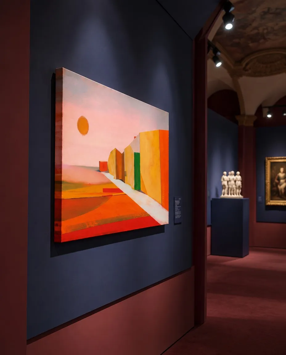 VIA SOLIS de Maurizio Valch expuesta en una sala de museo: pintura abstracta con una vía blanca, bloques amarillos y naranjas, y un sol naranja sobre un cielo rosado.