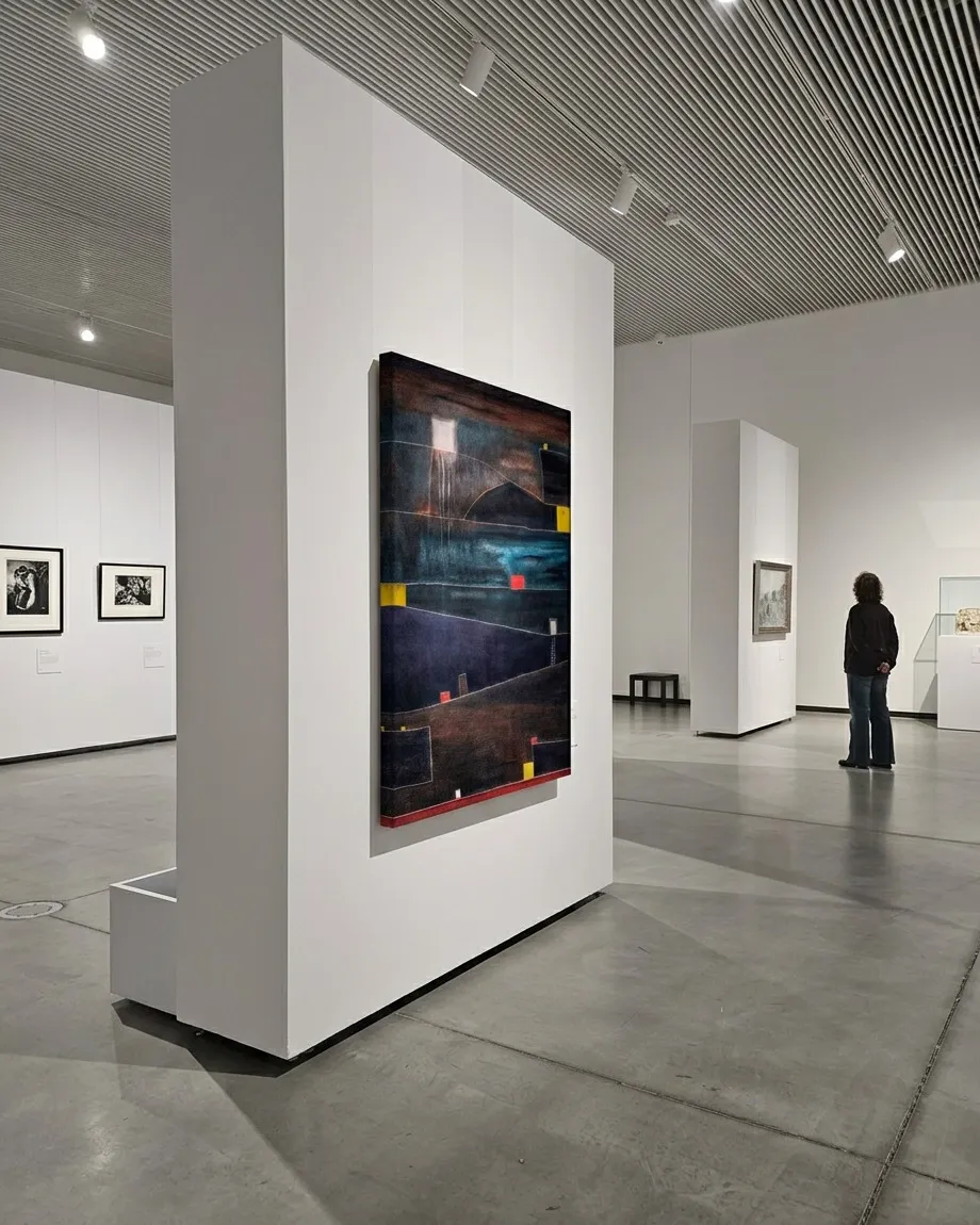 Oblique view of ADITUS by Maurizio Valch, a vertical abstract painting with a thin arch, turquoise band, and dark blocks, installed on a white museum pillar.