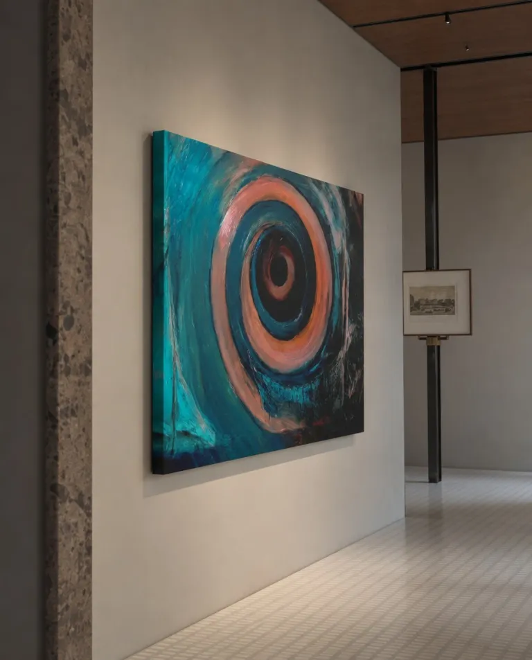 La pintura abstracta HELIX instalada en una pared de tono neutro claro en un pasillo moderno con suelos cerámicos y un panel de mármol texturizado a la izquierda.