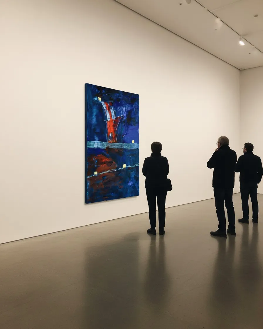 Tres personas de espaldas contemplan la obra de gran formato CLATHRI en una sala de exposici3n con paredes blancas.