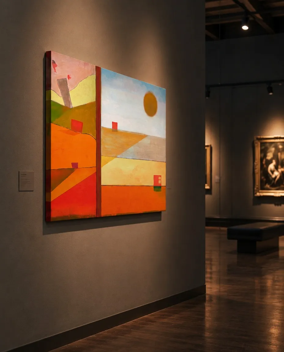 SOL DIVISUS instalada en una pared clara de una sala de exposición con iluminación cálida.
