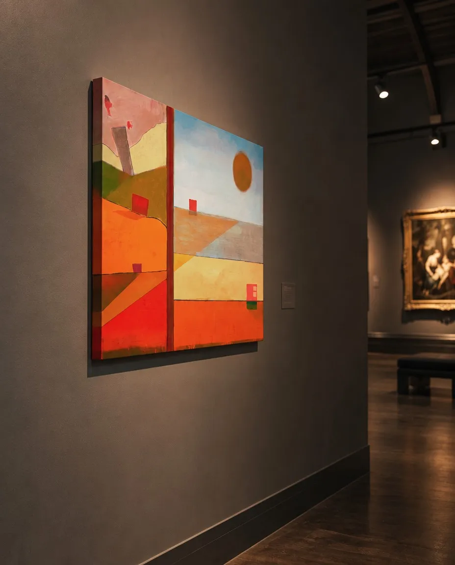 Side view of SOL DIVISUS in a contemporary gallery with light-coloured walls and other works in the background.
