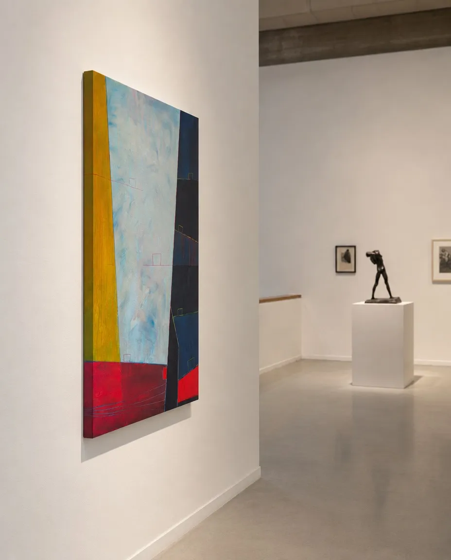 Vista lateral de LIMEN de Maurizio Valch en una sala de galería: pintura vertical con banda ocre, centro celeste velado, planos azul oscuro y franja roja inferior.