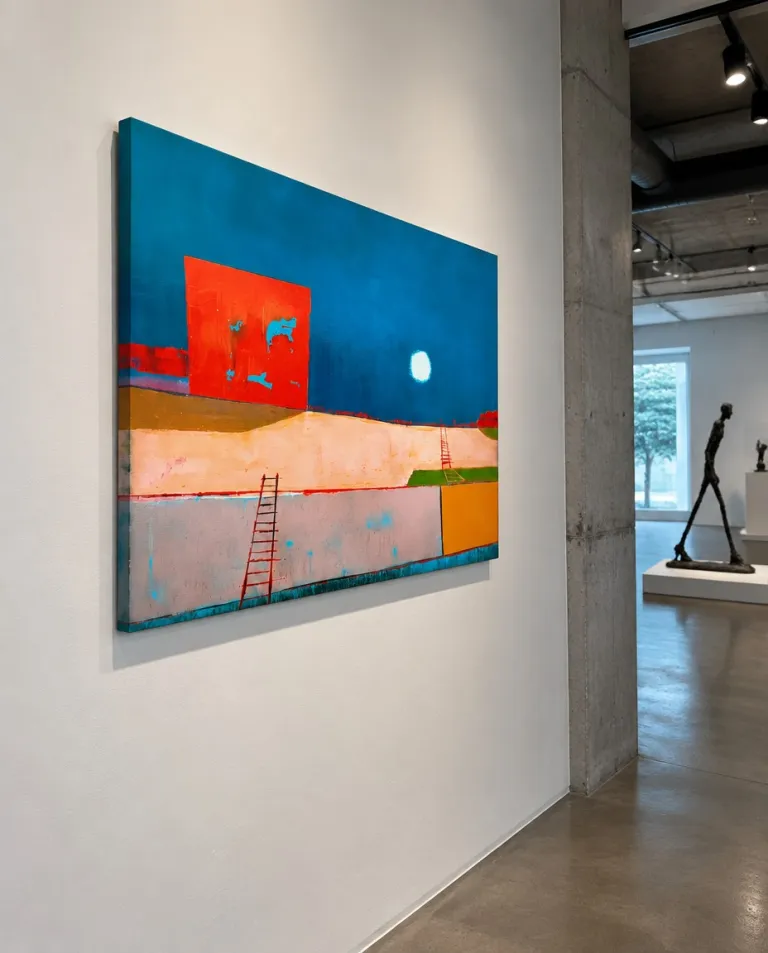 Side-view mockup of LUX REMOTA hung on a white gallery wall; the white circle against blue and the red block on the left stand out.