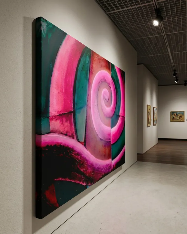 Vista de perfil lateral izquierdo de la monumental pintura abstracta VORAGO de Maurizio Valch expuesta en una pared de galería, destacando el relieve físico del óleo y el grosor del bastidor.