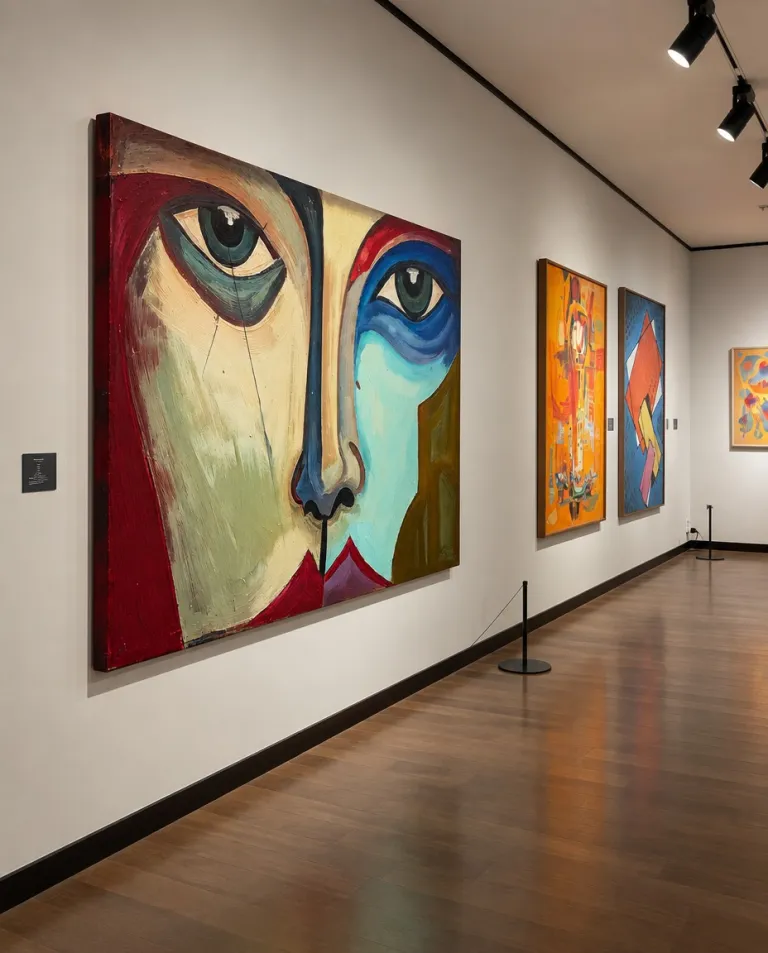 Vista de SIMULACRUM de Maurizio Valch en una galería: un gran rostro abstracto con un ojo enmarcado por ocres y otro por bandas azules y turquesas, junto a otras obras.