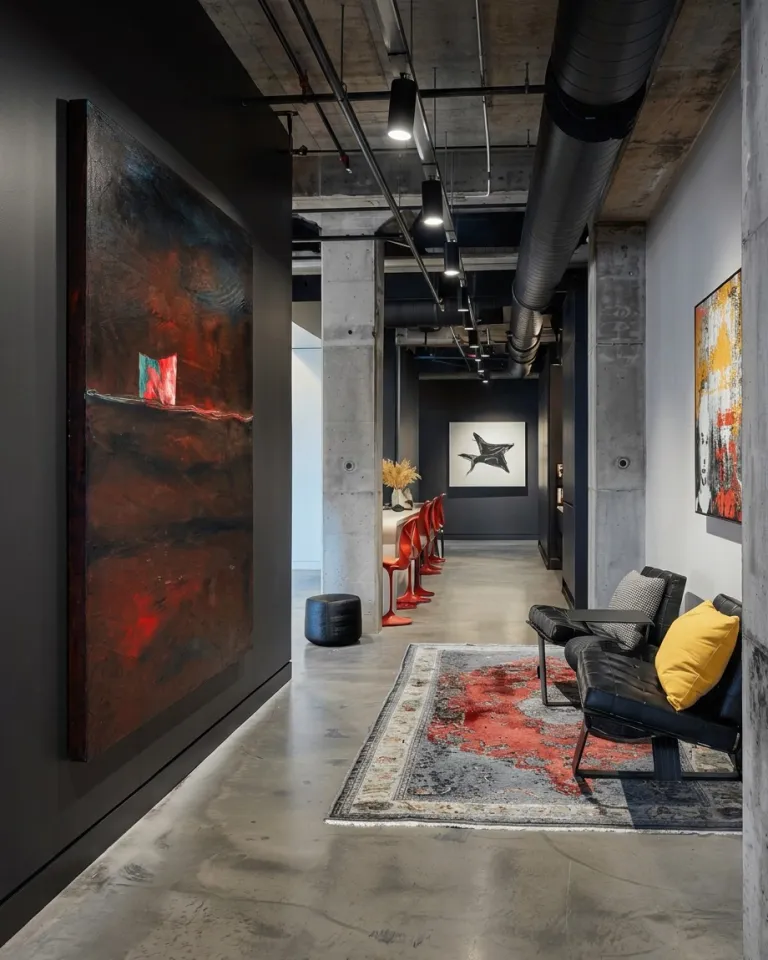 Abstract painting by Maurizio Valch titled What the Night Left Burning installed in a contemporary hallway with dark walls and a concrete floor.