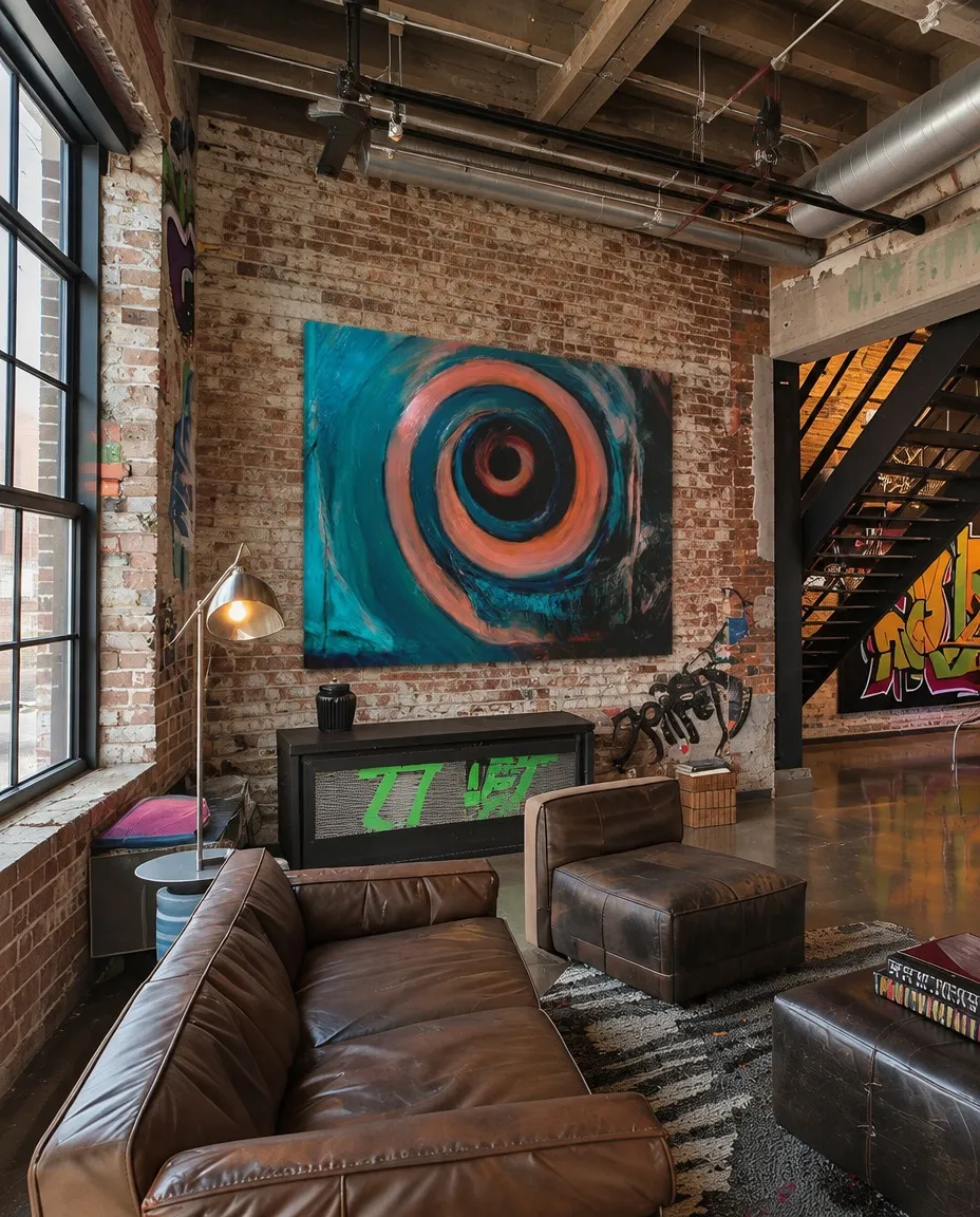 Obra HELIX de Maurizio Valch presidiendo un salón de estilo loft industrial con pared de ladrillo visto, tuberías expuestas, graffitis y sofás de cuero.