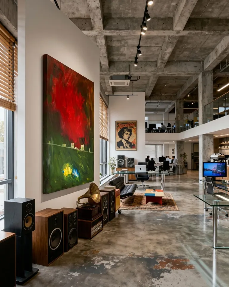 Large-format painting by Maurizio Valch on the main column of an open-plan loft office of industrial design, accompanied by vintage speakers and a horn record player.