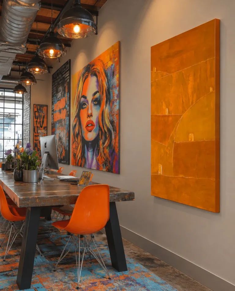 The painting TESSERA by Maurizio Valch integrated into a collaborative workspace alongside orange chairs and a pop art piece.