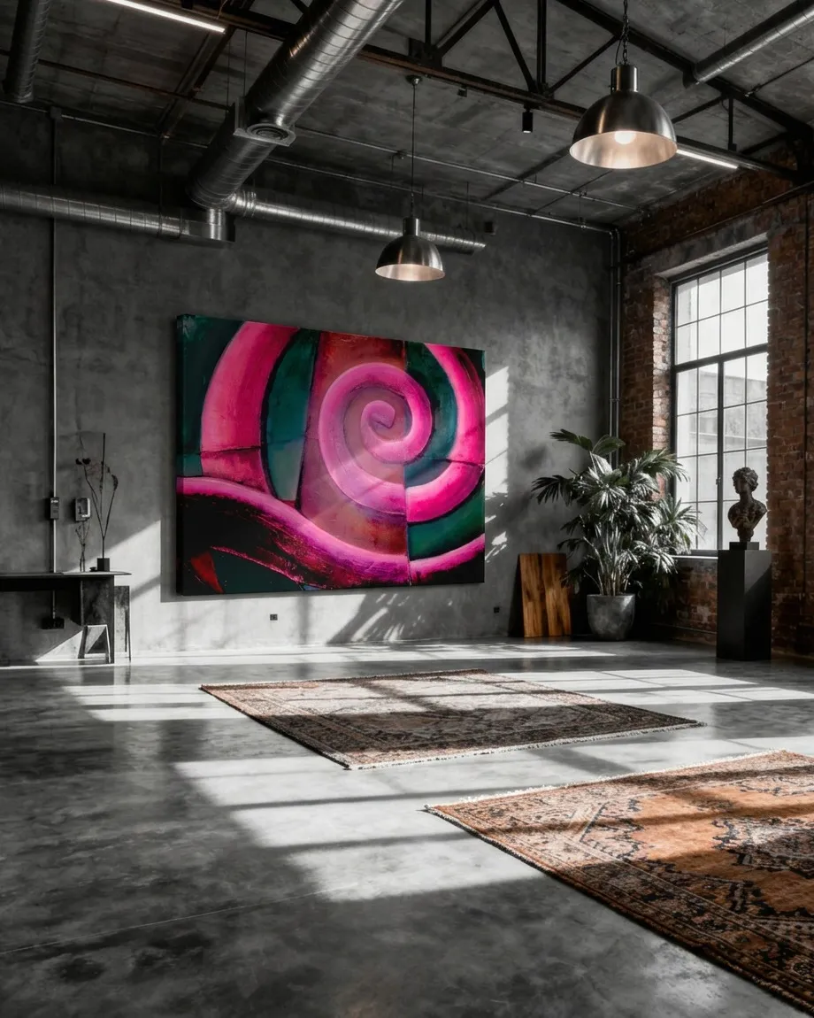 Gran cuadro abstracto VORAGO con espiral rosa colgado en la pared de hormigón de un espacioso loft de estilo industrial con ventanales altos.