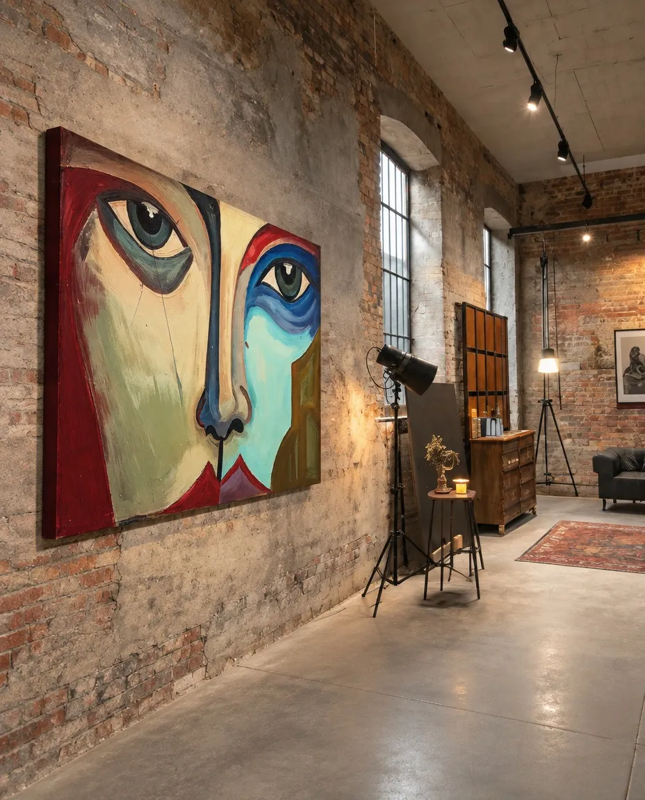 SIMULACRUM de Maurizio Valch, pintura de gran formato con rostro dividido en rojos, ocres, azules y turquesas, instalada en un loft industrial de paredes de ladrillo.