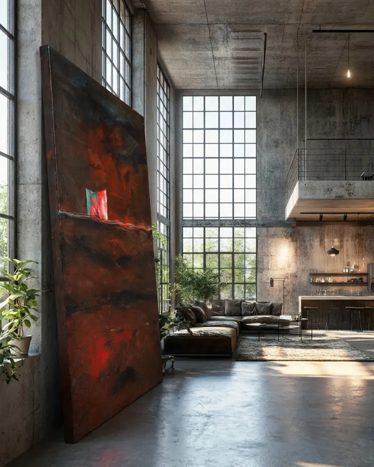 Large abstract canvas by Maurizio Valch leaning directly on the floor in a spacious industrial-style loft.