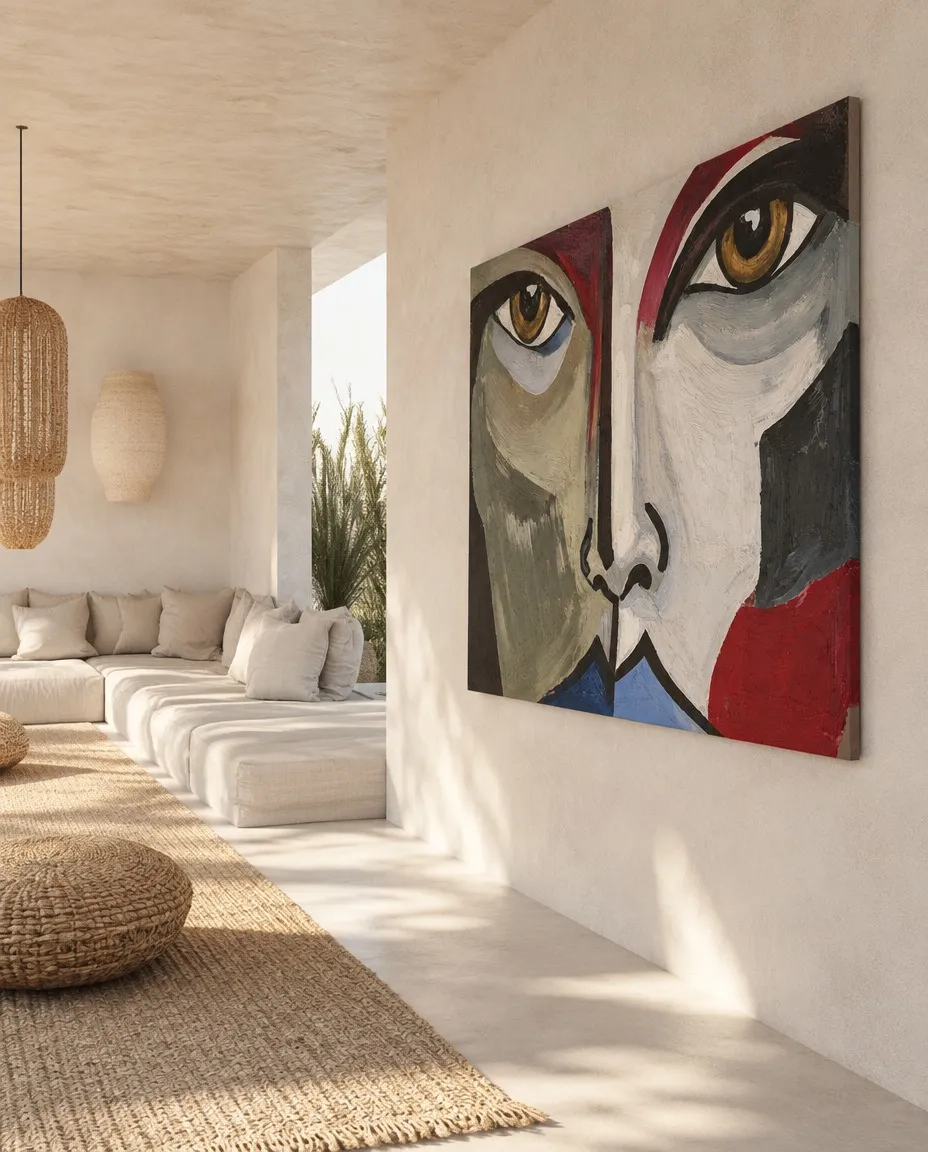 ASPECTUS de Maurizio Valch, pintura horizontal de un rostro fragmentado con ojos ocres, expuesta en la pared de un salón luminoso de estilo mediterráneo.