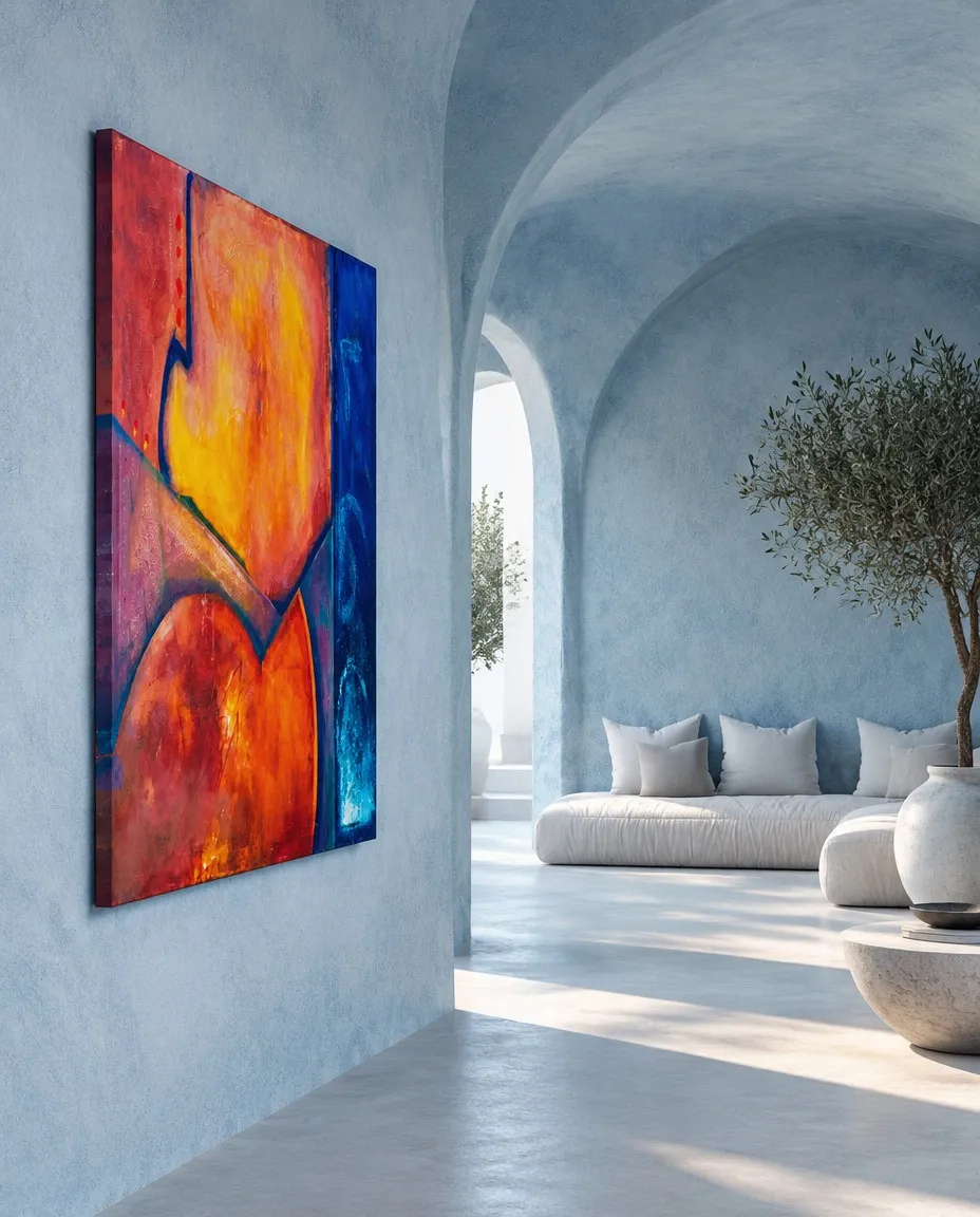 La pintura abstracta VERSUM instalada en la pared azul con arcos de un salón luminoso de estilo mediterráneo y sofás blancos minimalistas.