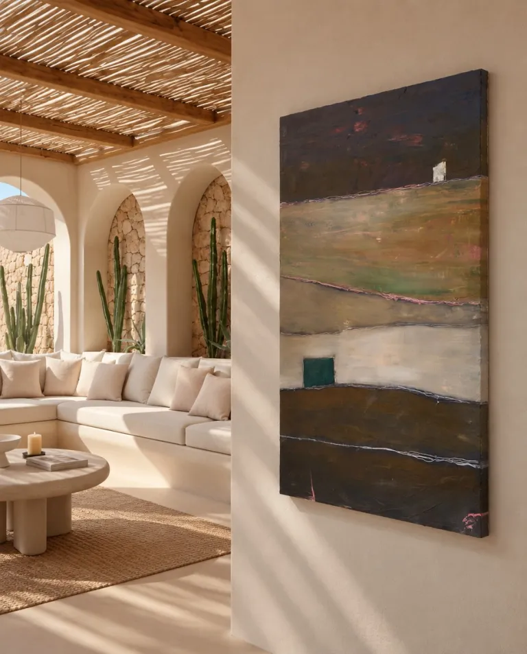 QUIES by Maurizio Valch, a vertical abstract painting of dark, earthy and green bands with irregular pale lines, installed in a Mediterranean living room with arches, cacti and filtered light.