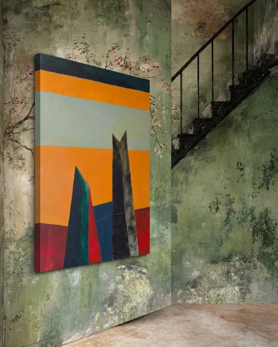 CUSTODES de Maurizio Valch en una pared verde deteriorada junto a una escalera oscura; la obra vertical presenta dos formas negras y verdes entre franjas naranja, azul y rojo.