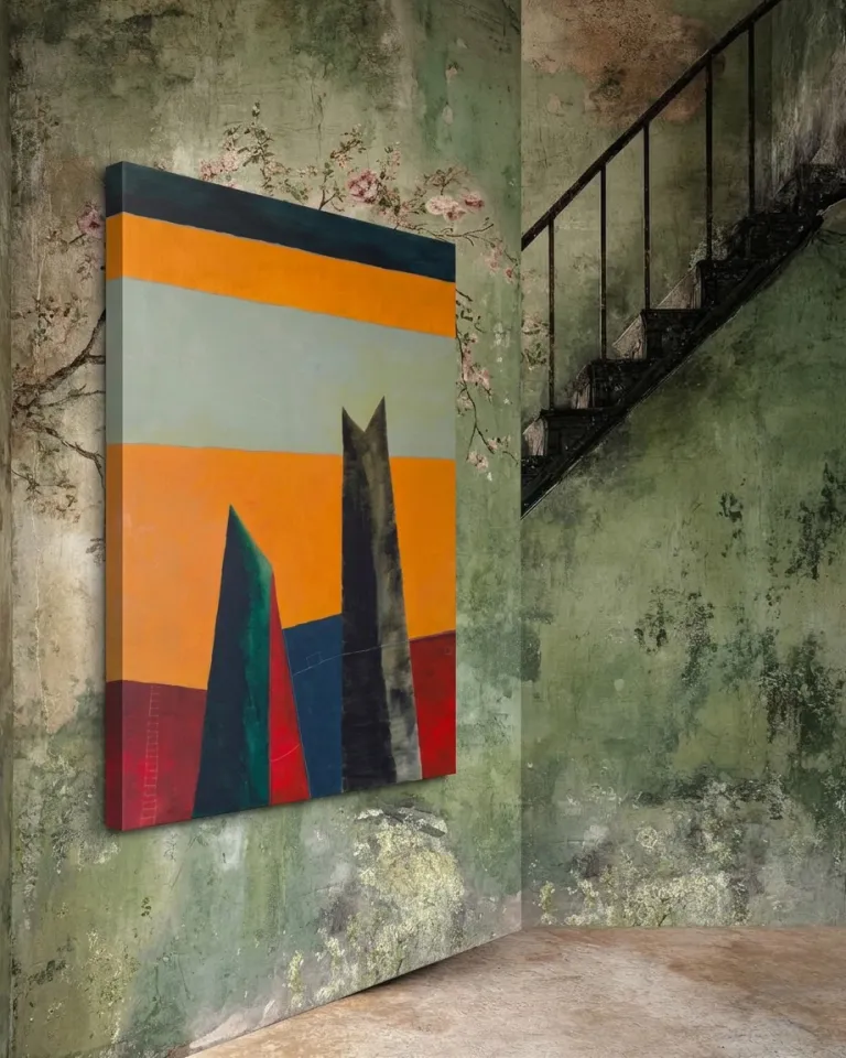CUSTODES by Maurizio Valch on a weathered green wall beside a dark staircase; the vertical work features two black and green forms among bands of orange, blue, and red.