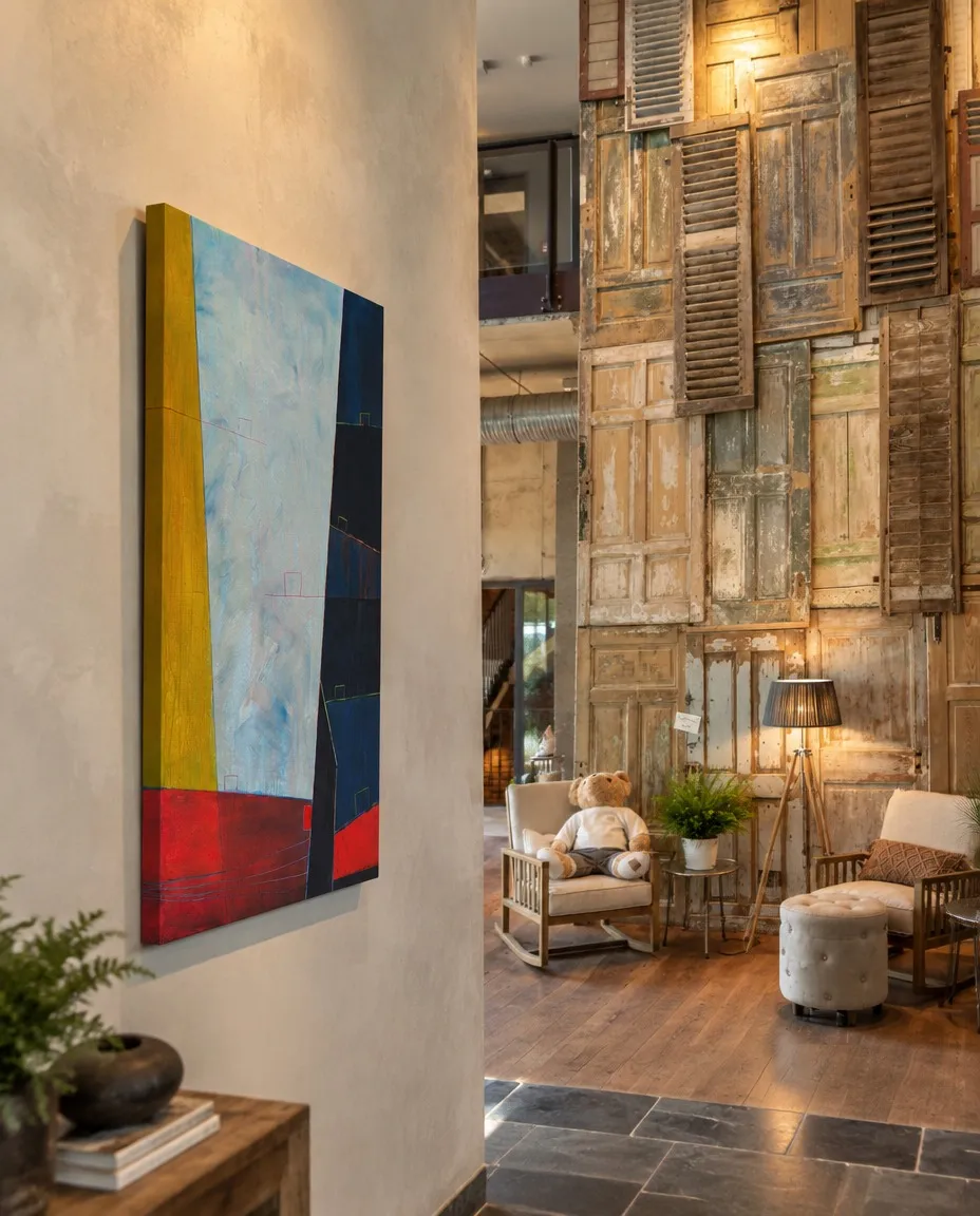 LIMEN de Maurizio Valch colgada en una pared clara de un interior cálido, junto a un conjunto de puertas y postigos antiguos de madera.