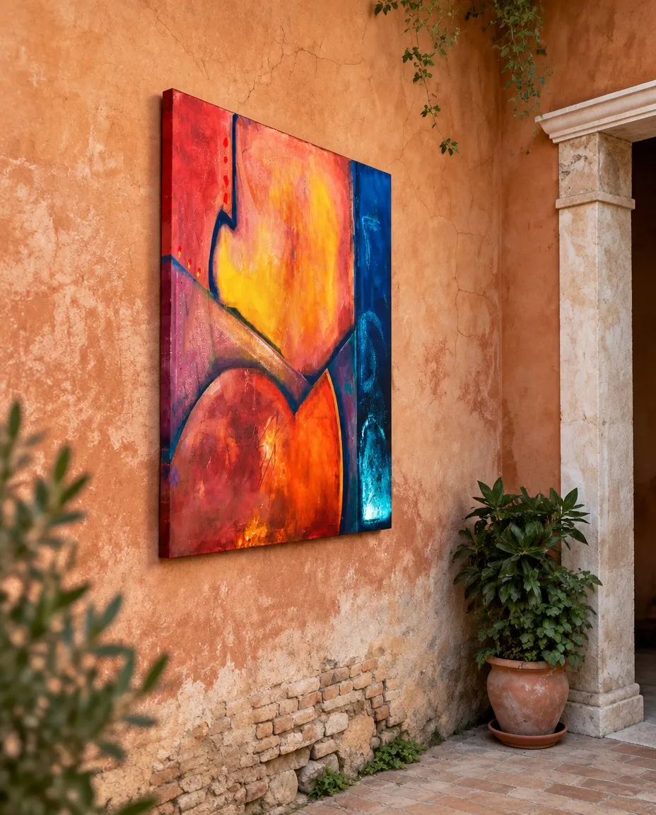 Cuadro abstracto VERSUM de Maurizio Valch expuesto en una pared rústica de terracota en un patio exterior, junto a una maceta de barro y una columna clásica.