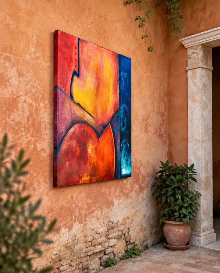 Abstract painting VERSUM by Maurizio Valch exhibited on a rustic terracotta wall in an outdoor patio, next to a clay pot and a classical column.