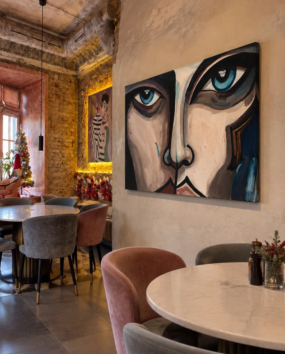 Mockup of Maurizio Valch’s CUTIS painting installed on the wall of a warm restaurant interior, beside tables and chairs.