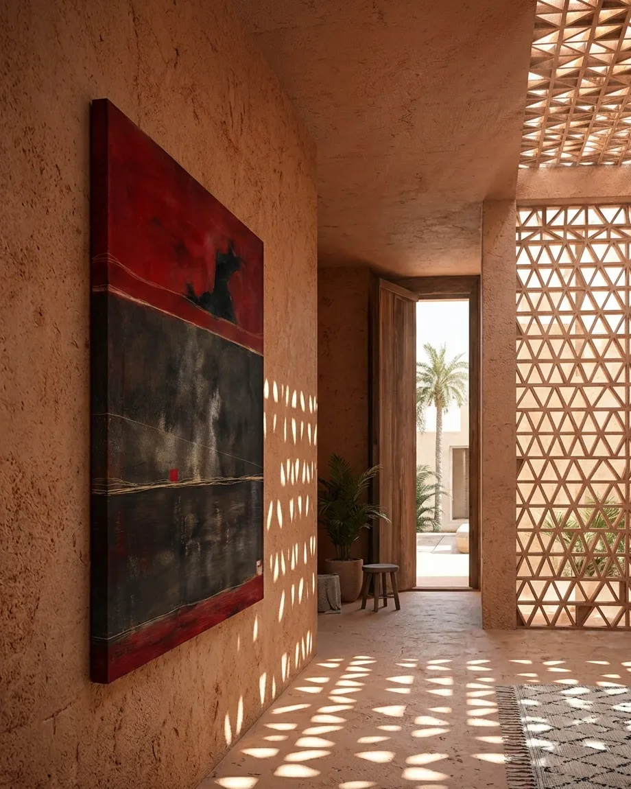 Fotografía en perspectiva de un pasillo luminoso de estilo mediterráneo o brutalista con paredes de arcilla texturada de color terracota. Colgada en la pared izquierda se muestra la gran pintura abstracta de Maurizio Valch, iluminada por los patrones de luz geométrica filtrados desde el techo y una celosía exterior.