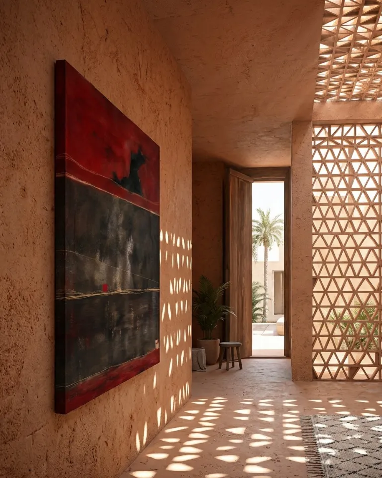 Perspective photograph of a bright, Mediterranean- or brutalist-style hallway with terracotta-colored textured clay walls. Hanging on the left wall is Maurizio Valch's large abstract painting, illuminated by geometric light patterns filtered from the ceiling and an exterior lattice.