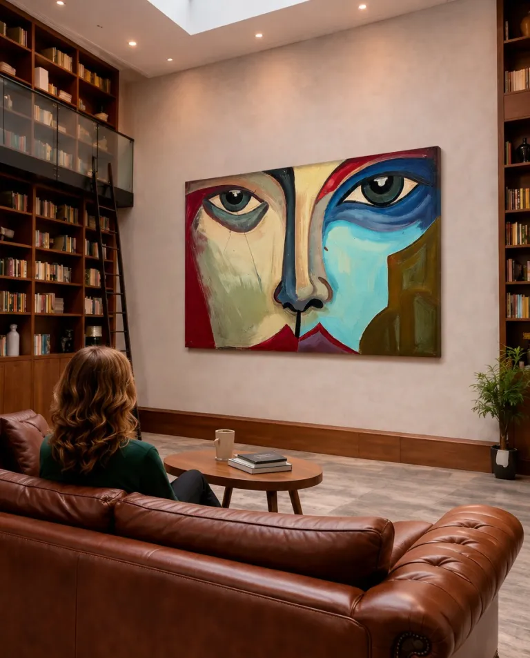 SIMULACRUM de Maurizio Valch, pintura horizontal de un rostro abstracto de ojos grandes, instalada sobre una pared clara junto a una biblioteca.