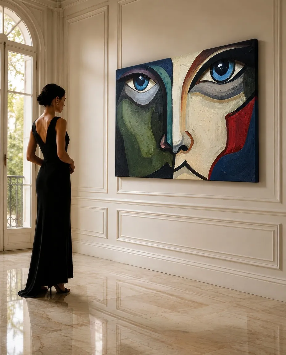 ACIES de Maurizio Valch instalada en un salón clásico: pintura horizontal de un rostro frontal dividido entre verde oscuro, marfil y rojo, con dos ojos azules.