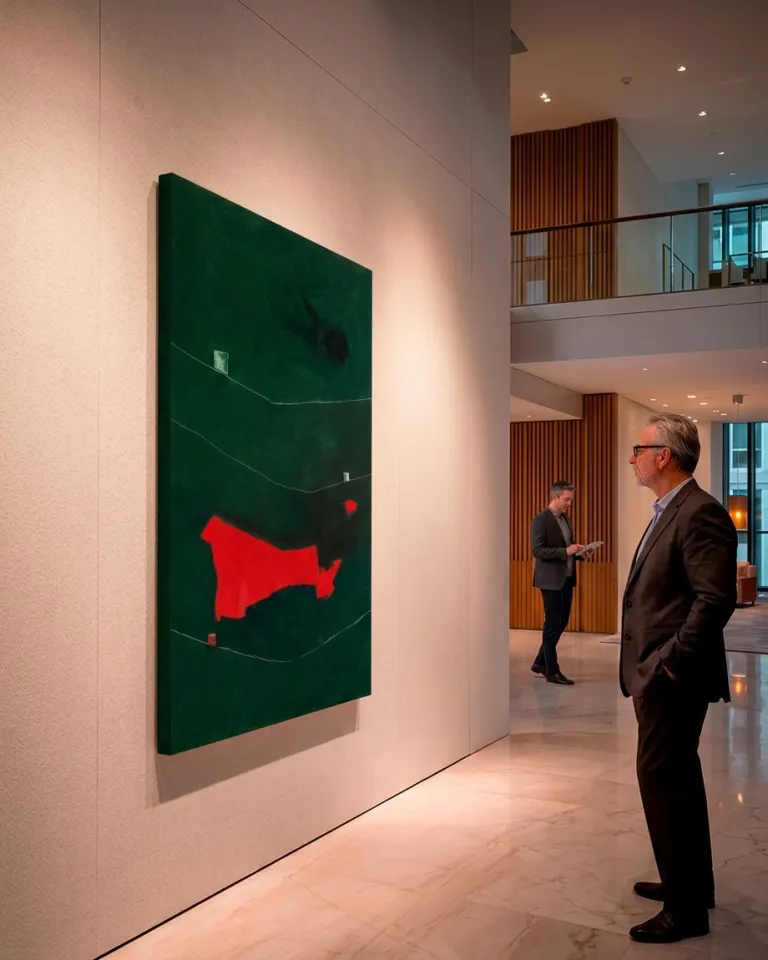 Green and red abstract painting by Maurizio Valch hanging on a light contemporary design wall, with a viewer in profile observing it in an elegant hallway.