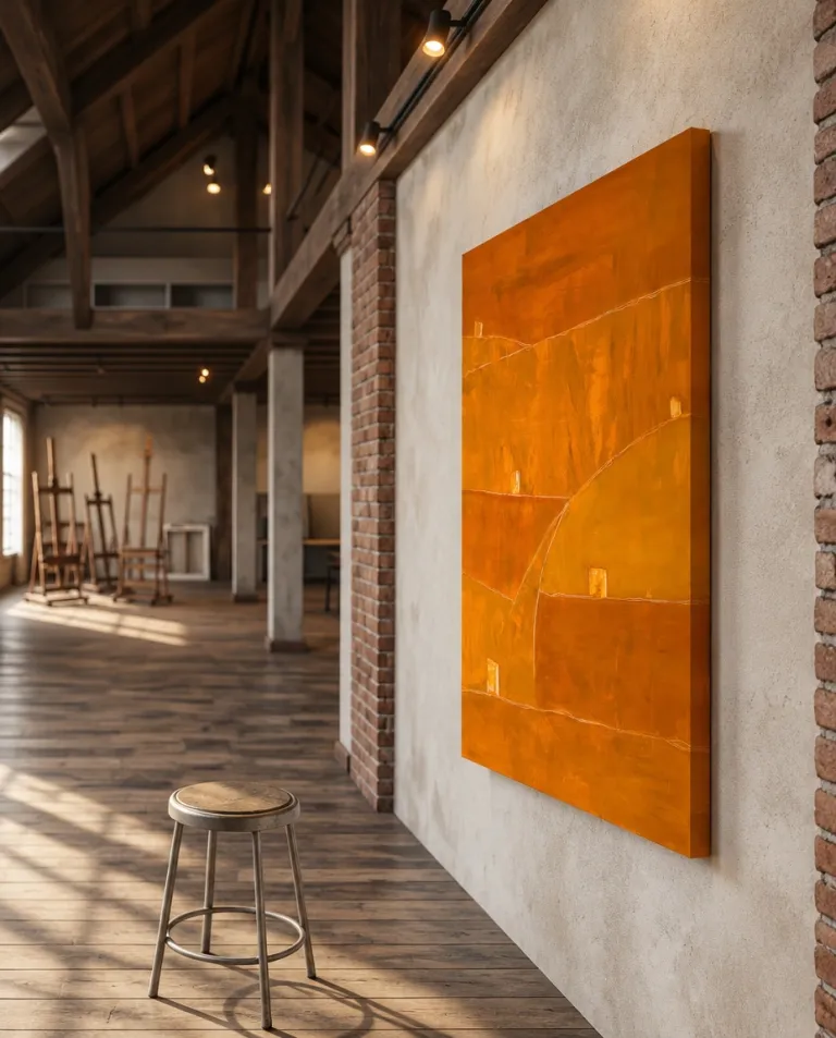 TESSERA orange abstract painting by Maurizio Valch hanging on a rustic plaster wall beneath wooden beams.