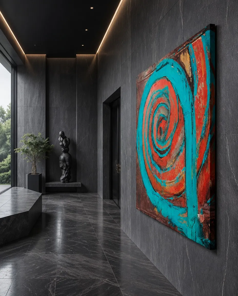 La pintura abstracta HAUSTUS instalada en una pared de mármol gris oscuro en un vestíbulo moderno de diseño minimalista, junto a una escultura.