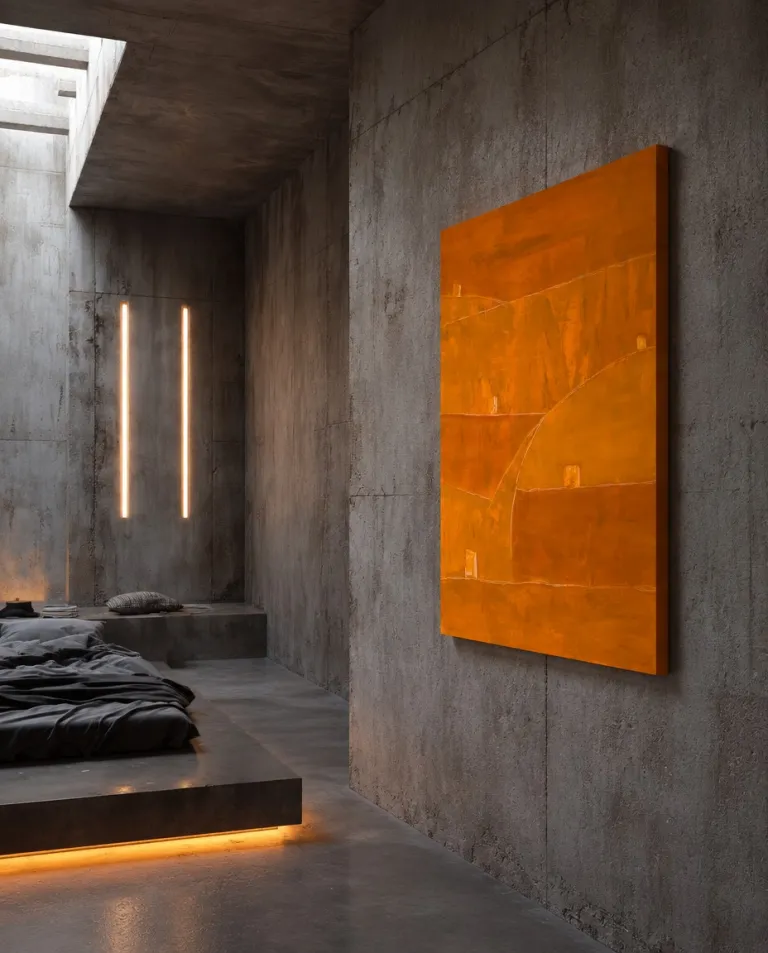 Vertical abstract painting in orange and ochre tones hanging on an exposed concrete wall inside a minimalist brutalist-style room.