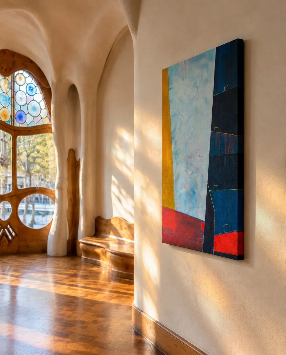 LIMEN de Maurizio Valch, pintura abstracta vertical con campo celeste central, banda ocre a la izquierda, planos azul oscuro a la derecha y rojo en la base, instalada de perfil en un pasillo modernista.