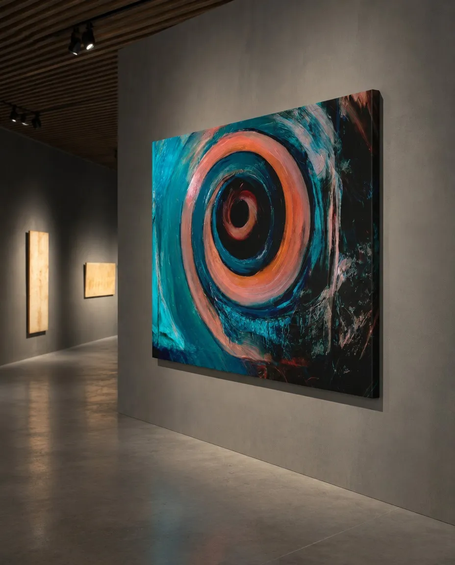 Monumental abstract painting HELIX by Maurizio Valch exhibited in a modern gallery on a large gray exposed concrete wall with directional lighting.