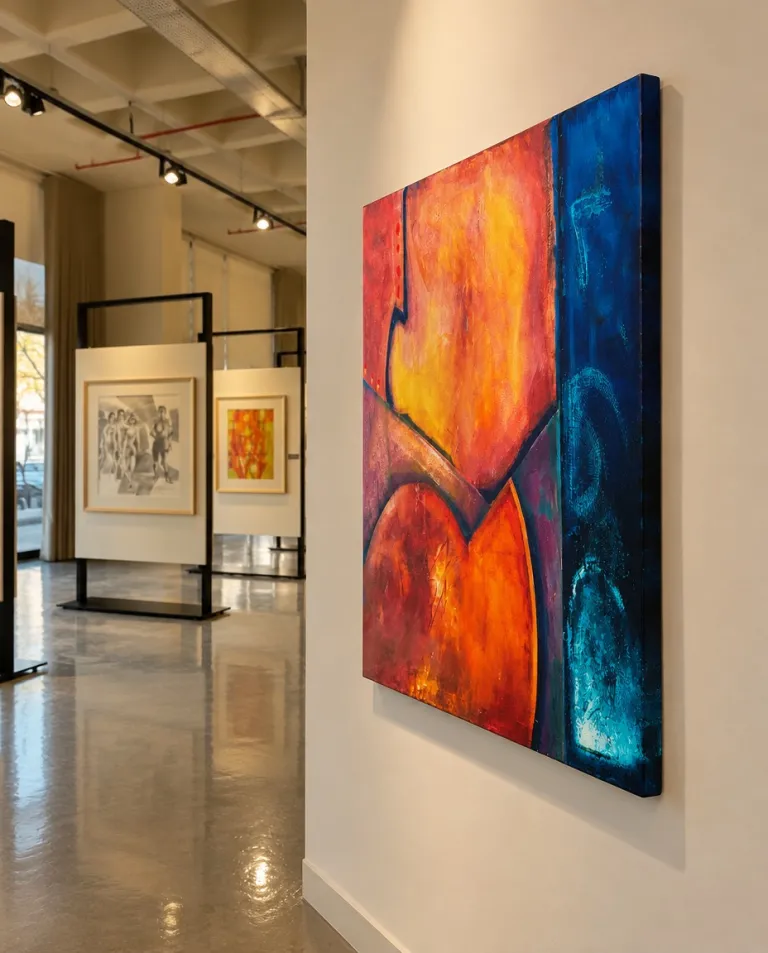 The abstract artwork VERSUM hanging on a white exhibition panel within a modern art space with polished floors.