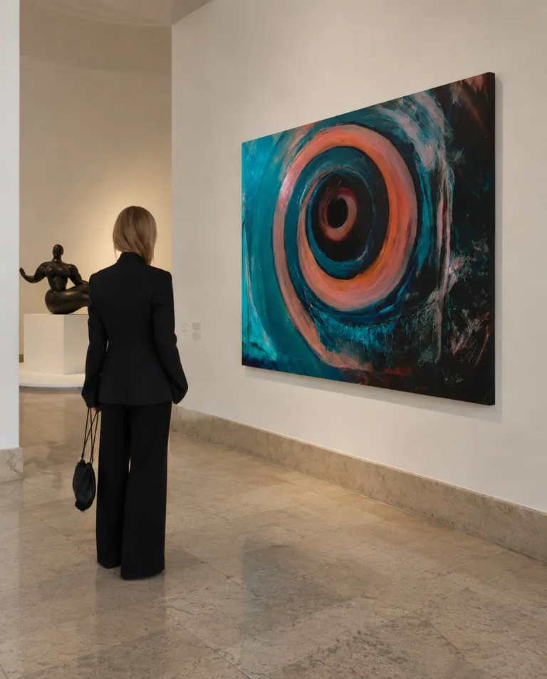 Una mujer con traje negro contempla la gran pintura abstracta HELIX de Maurizio Valch en una sala de museo con una escultura al fondo.