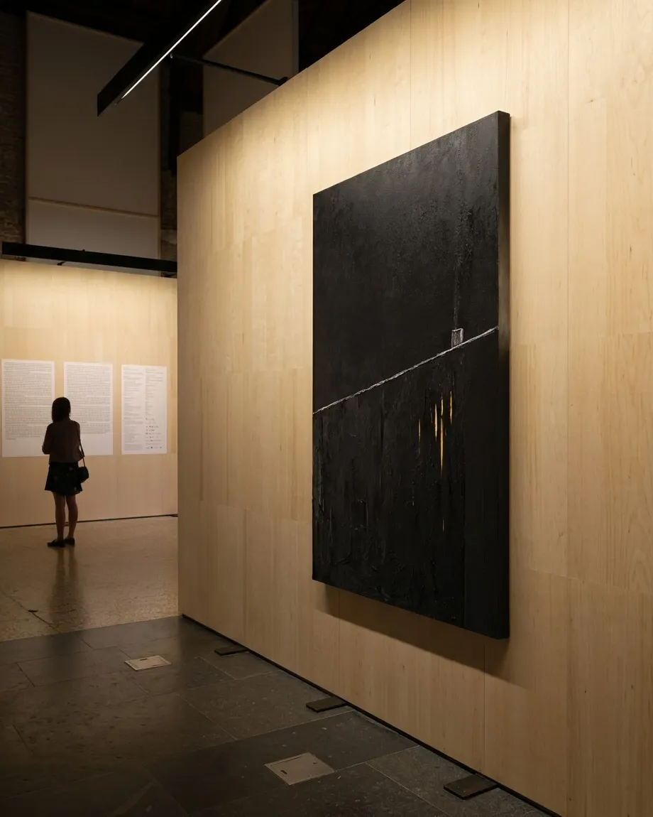 Pintura abstracta de gran formato expuesta sobre una gran pared de madera de abedul en una galería de arte contemporáneo, con un visitante leyendo al fondo en un entorno con iluminación dirigida.
