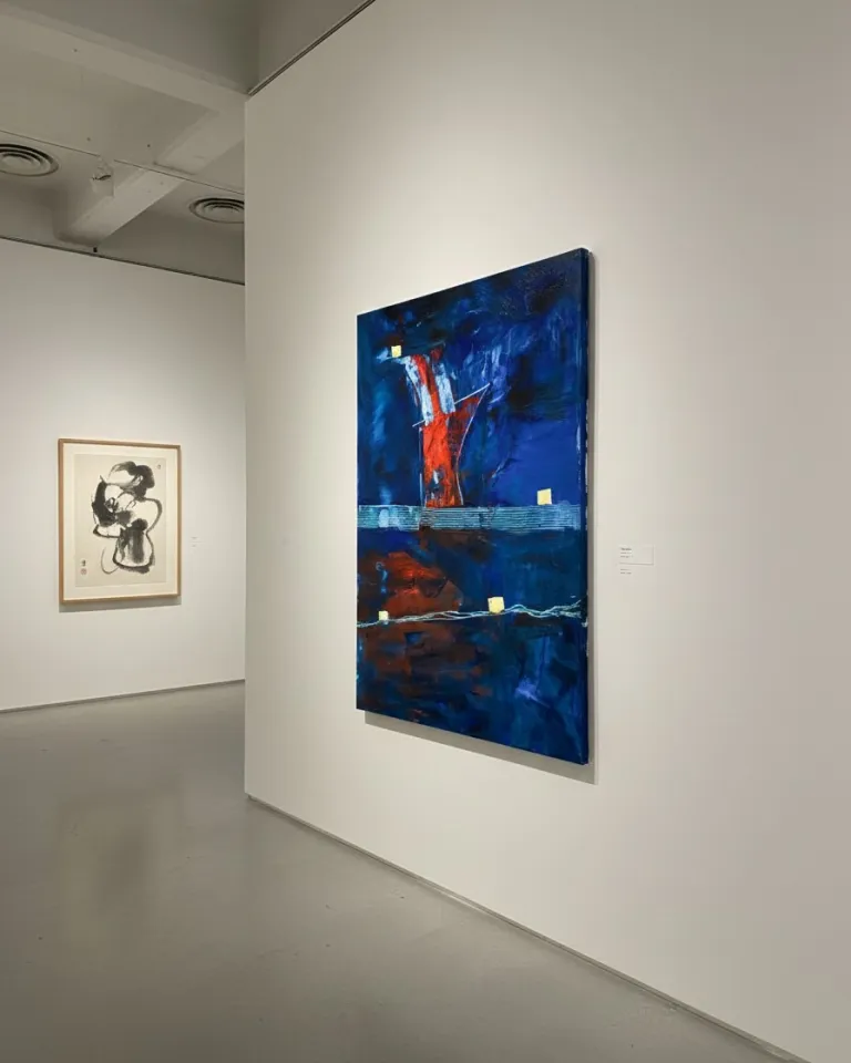 The abstract painting CLATHRI by Maurizio Valch hanging on a white wall in a contemporary art gallery, with another artwork visible in the background.