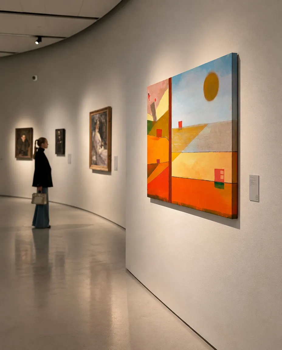 SOL DIVISUS hung on a terracotta wall in a gallery with rooms in contrasting colours.