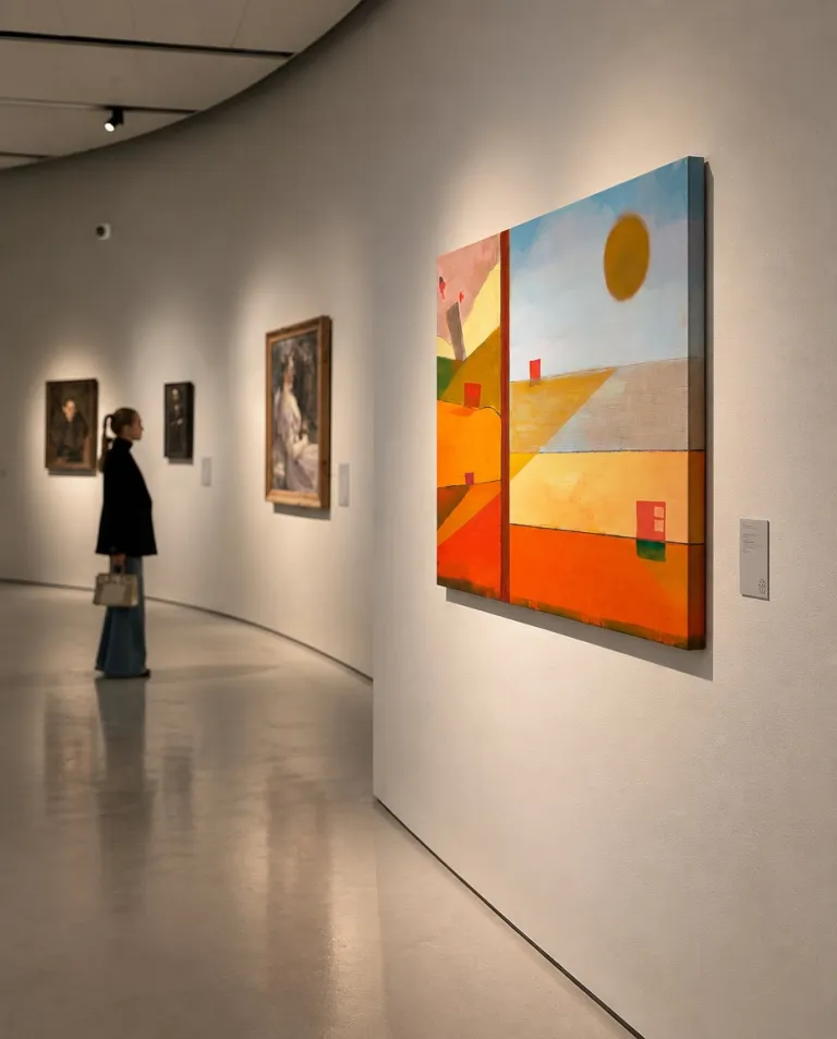 SOL DIVISUS hung on a terracotta wall in a gallery with rooms in contrasting colours.