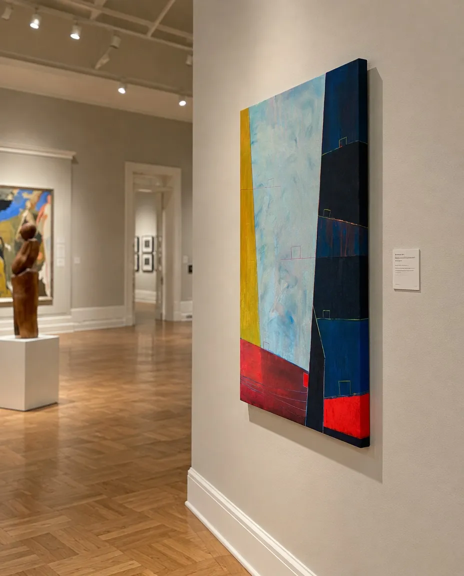 LIMEN de Maurizio Valch instalada lateralmente junto a un corredor de museo; la pintura vertical combina un centro celeste, franja ocre, bandas azul oscuro y rojo inferior.